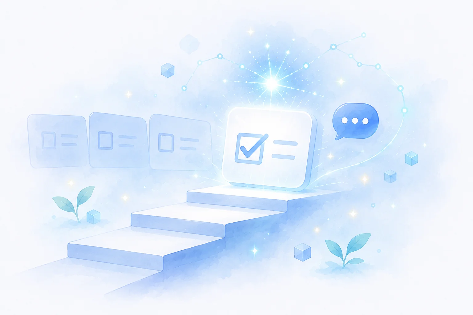 階段を一段ずつ上るように、まず一つの課題から小さく始めることを表すイラスト